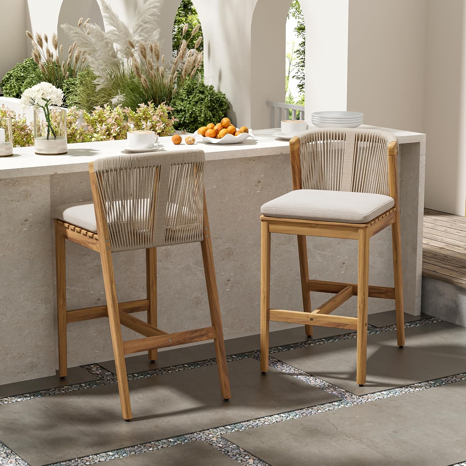 Christopher Knight Home Cuz Patio Barstool Set of 2, Outdoor Counter Height Stool with Sturdy Acacia Wood Frame and Rope Backrest, Bar Stool with Seat Cushion for Backyard Garden, Beige + Teak