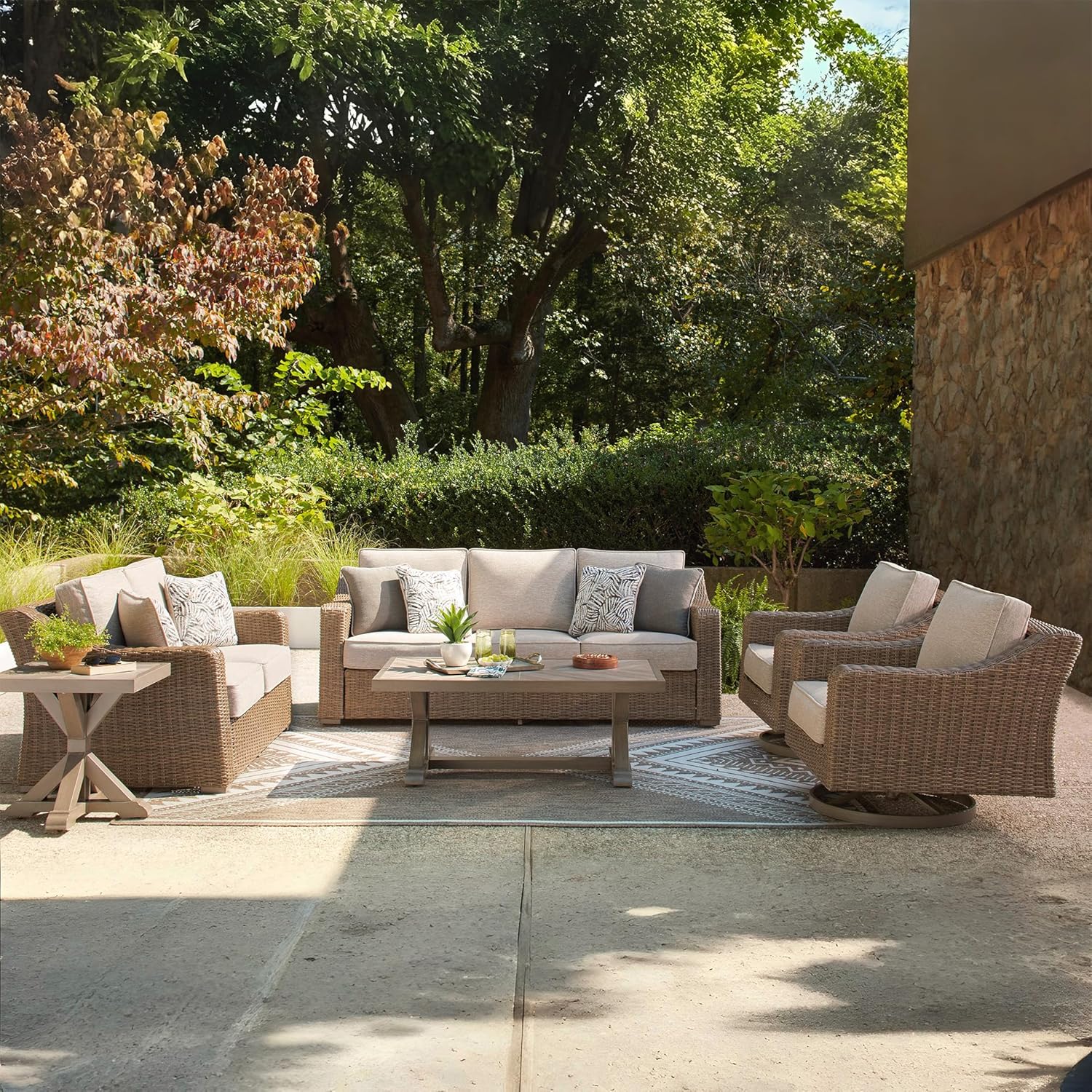 Signature Design by Ashley Carmel Bay Casual Weather and UV Resistant Outdoor Swivel Lounge with Cushion, Light Brown & Beige