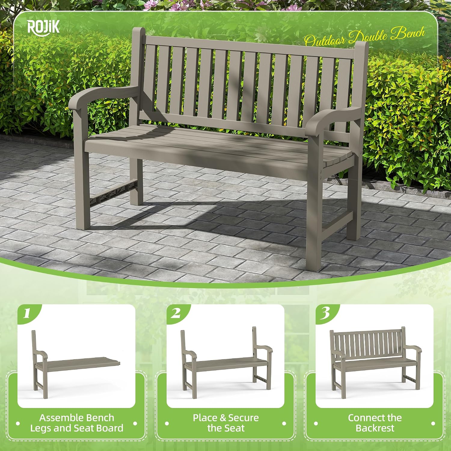 ROJIK Outdoor Bench Resin Patio Chairs Waterproof 2-Person Slatted Chairs with Sturdy Frame, Comfortable Seating for Garden Backyard Porch and Park(Grey)