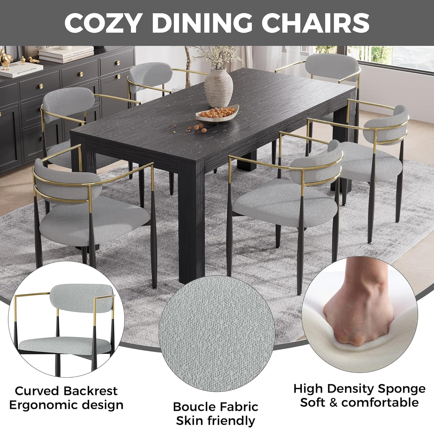 Baysitone Dining Chairs Set of 6 Mid-Century Modern Upholstered Boucle Dining Room Chairs Open Back Curved Backrest Black Metal Legs Gold Armchairs for Kitchen Living Room, Gray(Only Chairs)