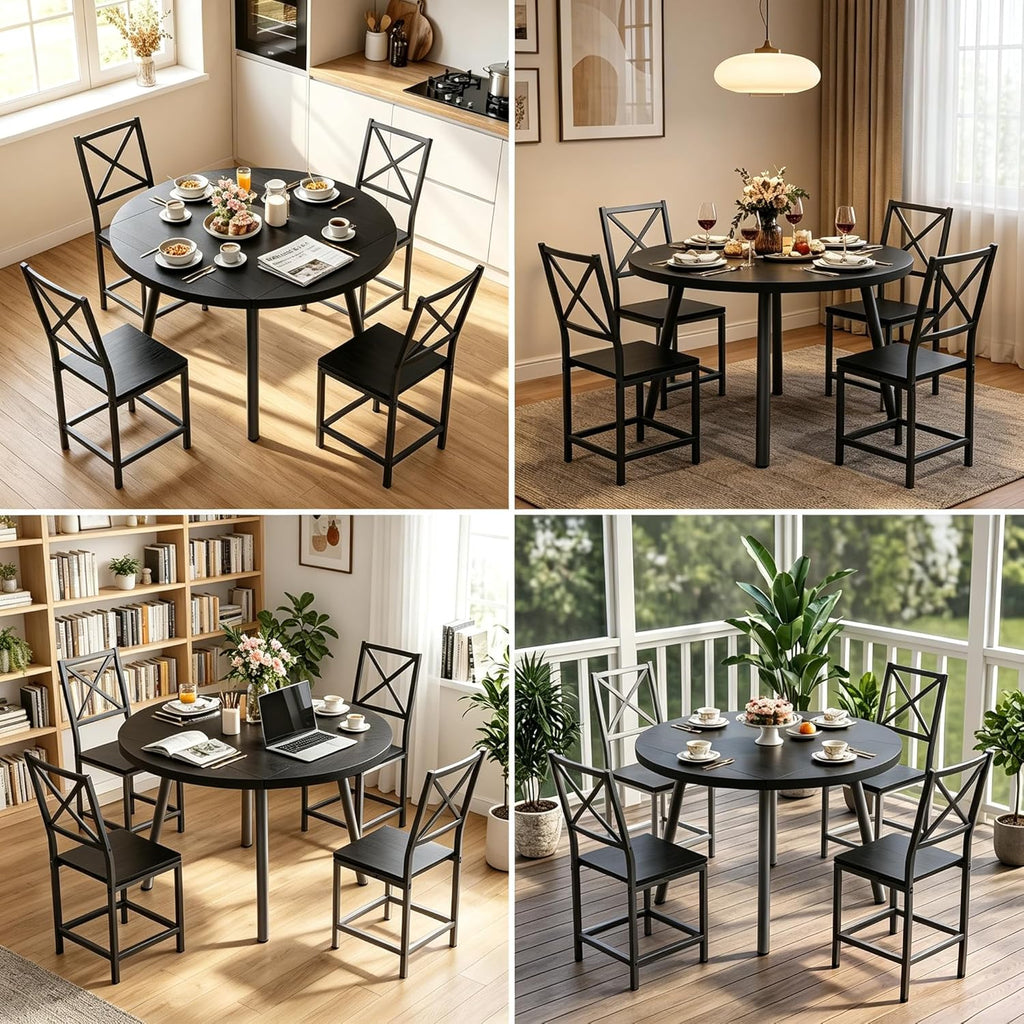IRONCK Round Dining Table Set for 4, Extendable Kitchen Table with 4 Chairs, 44.5" Drop Leaf Desk, Folding for Small Space, Apartment, Black