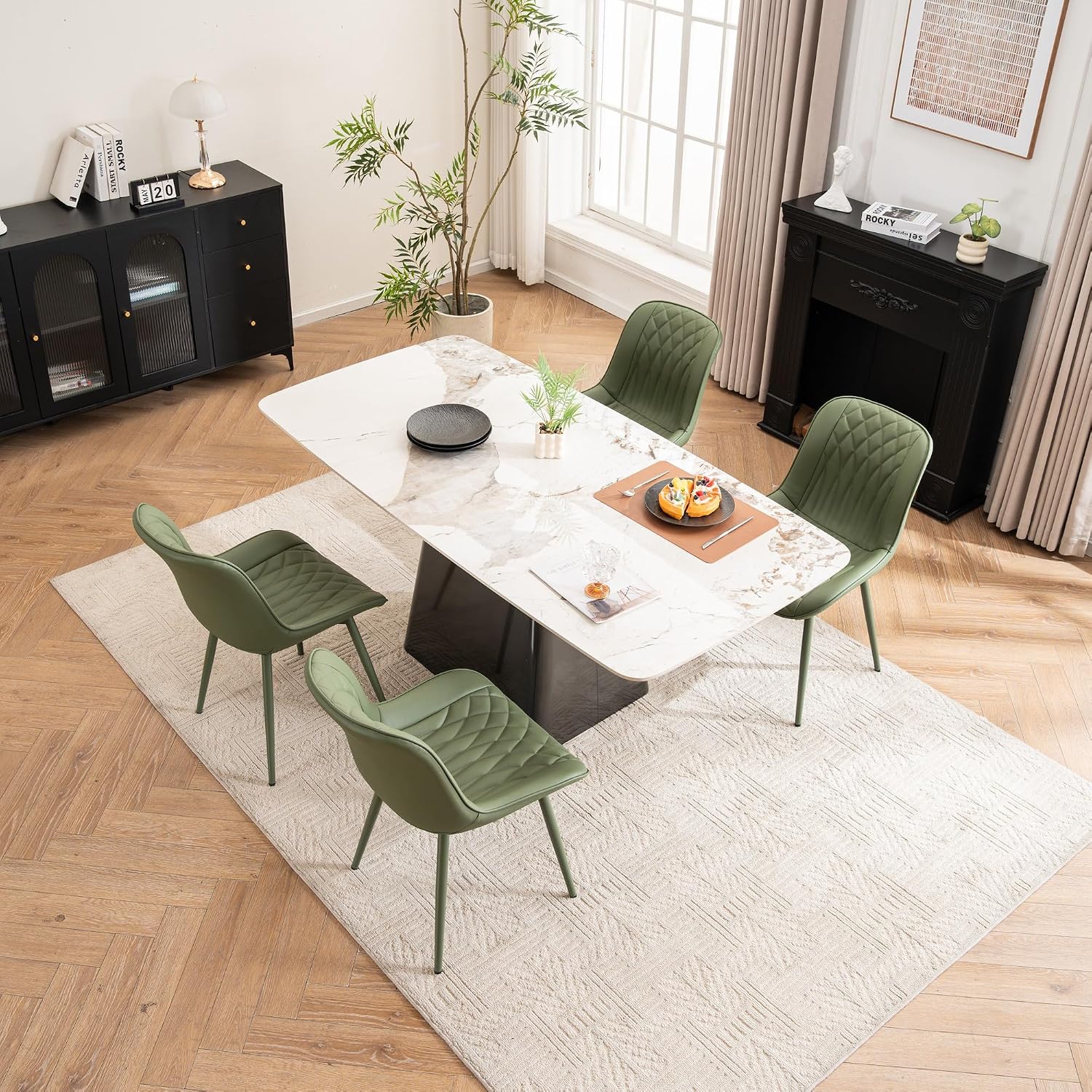YOUNIKE Olive Green Faux Leather Dining Chairs Set of 2 Mid-Century Modern High Padded Back Comfy Upholstered Kitchen Chairs with Metal Legs Wide Seat Accent Side Chair for Dining/Living/Waiting Room