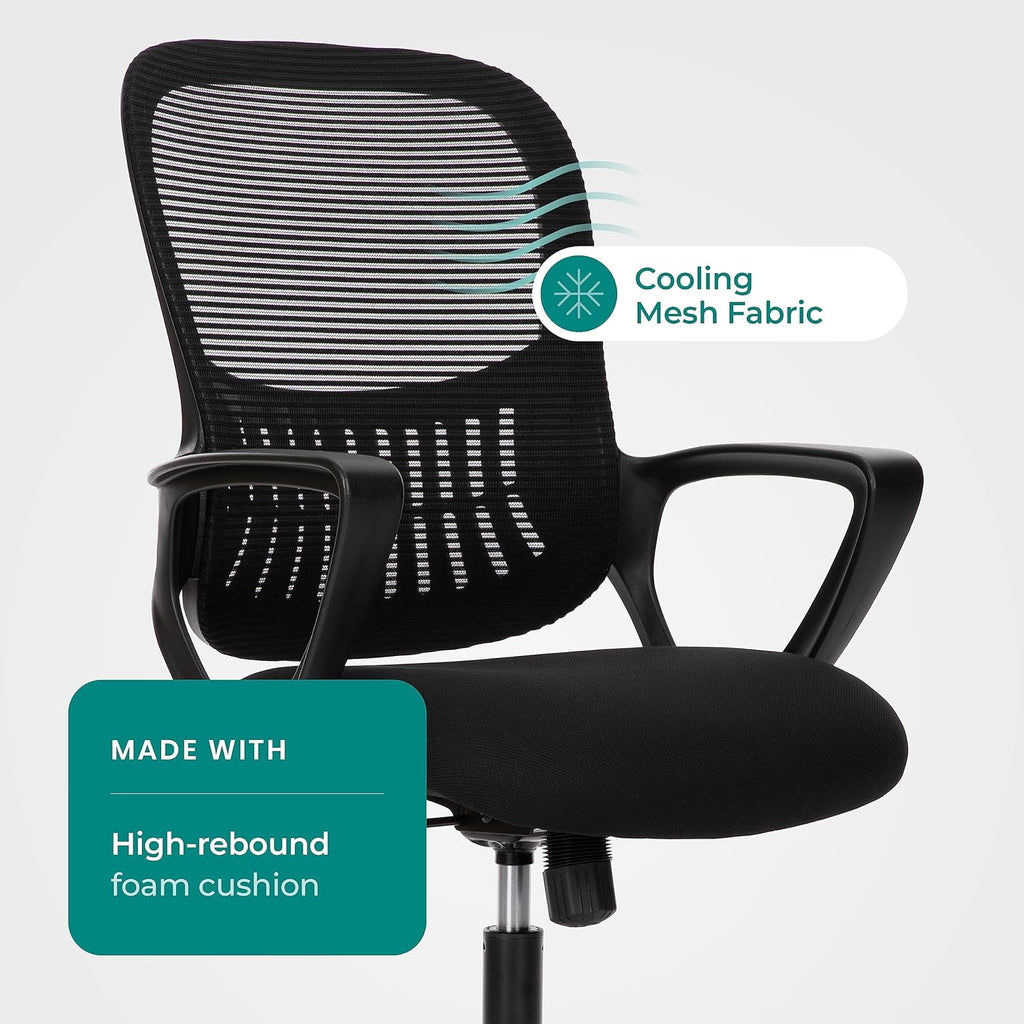 OLIXIS Home Office Chair, Mid Back Computer Ergonomic Mesh Desk with Large Seat, Executive Height Adjustable Swivel Task with Lumbar Support and Armrest, for Adults, Black
