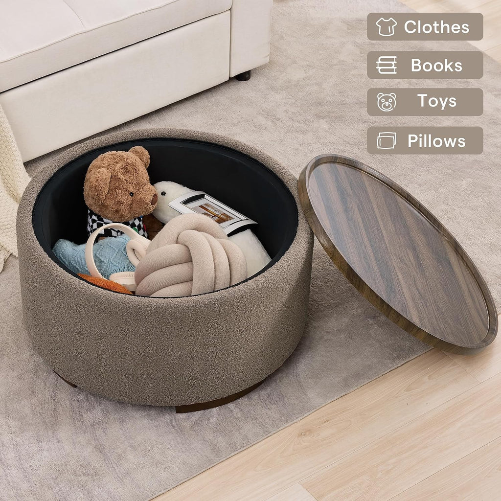 29.5 Inch Round Storage Ottoman Coffee Table,Modern Circle Coffee Table with Storage with Removable Lid Top and Solid Wood Legs,Large Round Ottoman for Bedroom,Living Room,Teddy Fleece,Brown