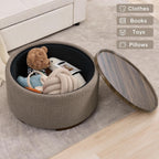 29.5 Inch Round Storage Ottoman Coffee Table,Modern Circle Coffee Table with Storage with Removable Lid Top and Solid Wood Legs,Large Round Ottoman for Bedroom,Living Room,Teddy Fleece,Brown