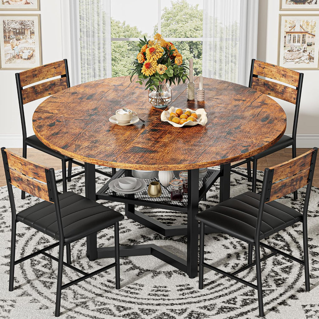 IRONCK Round Dining Table Set for 4, Dining Room Table Set with 4 Chairs, 47.2'' Dinner Table with Wooden Tabletop and Metal Base, 5-Piece Kitchen Table and Chairs, Rustic Brown