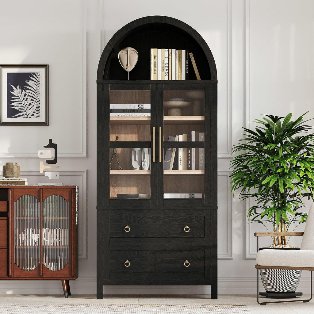 LUMISOL Tall Kitchen Pantry Cabinet with 2 Large Drawers, 71" Arched Storage Cabinet with Adjustable Shelves & Glass Door, Farmhouse Kitchen Hutch with Top Shelf for Living Room Dining Room, Black
