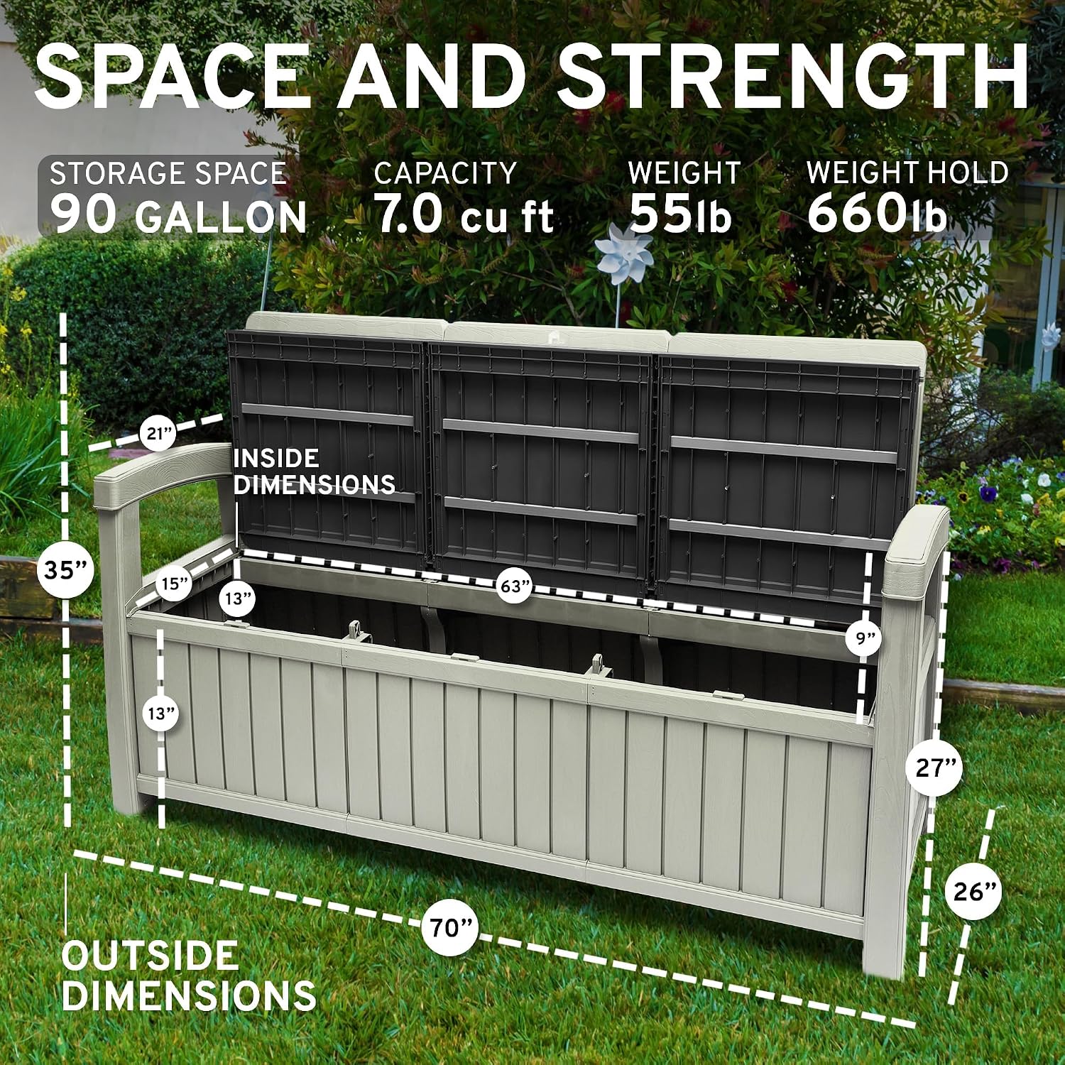 EconoHome 3 Seat Outdoor Storage Bench with Rain Cover - 90 Gallon Capacity - Weatherproof Resin Bench for Patio, Porch, Garden, Yard, Pool Area - Furniture for Pool Accessories, Gardening Tools
