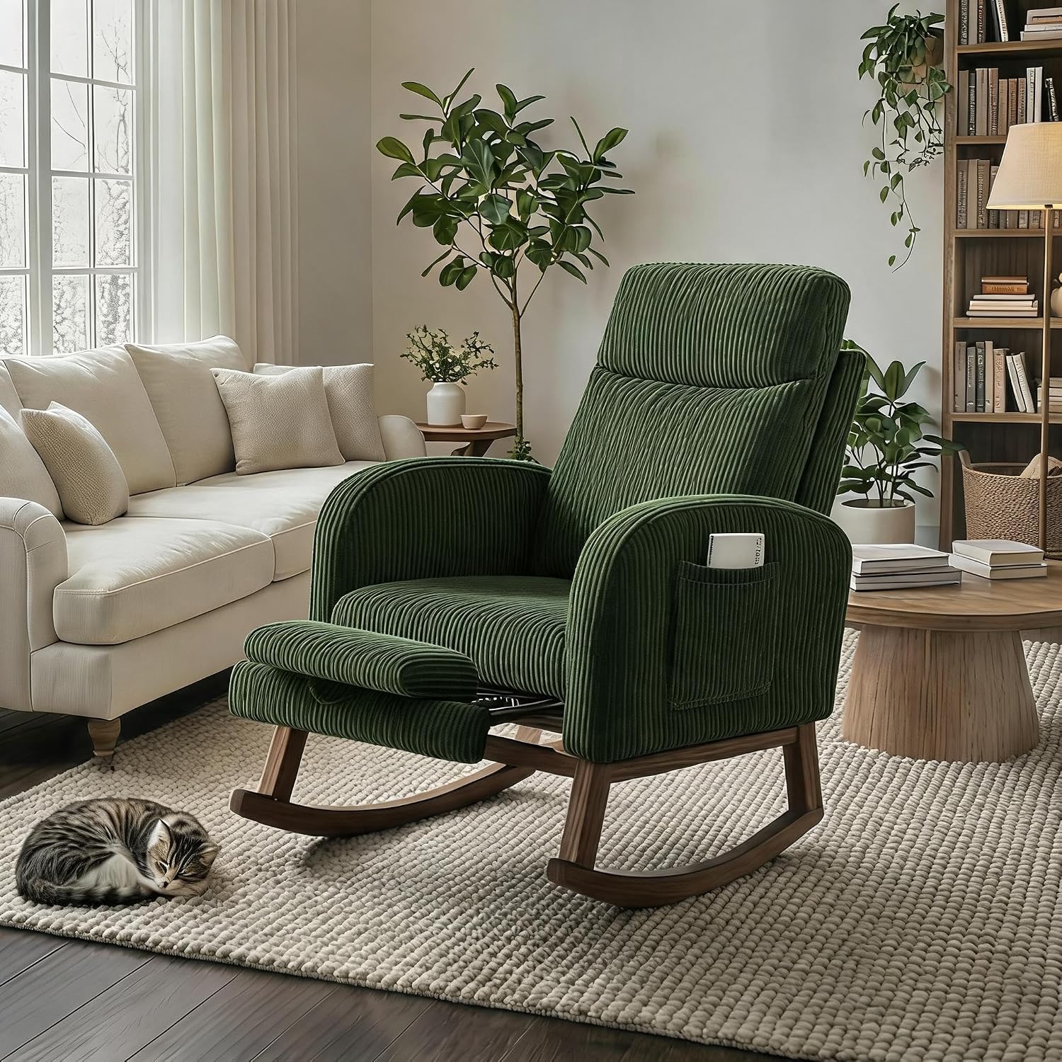 High-Back Rocking Chair with Foot Rest and Glider Mechanism – Nursery and Home Lounge Chair for Relaxation, Upholstered with Solid Wood Base, Green