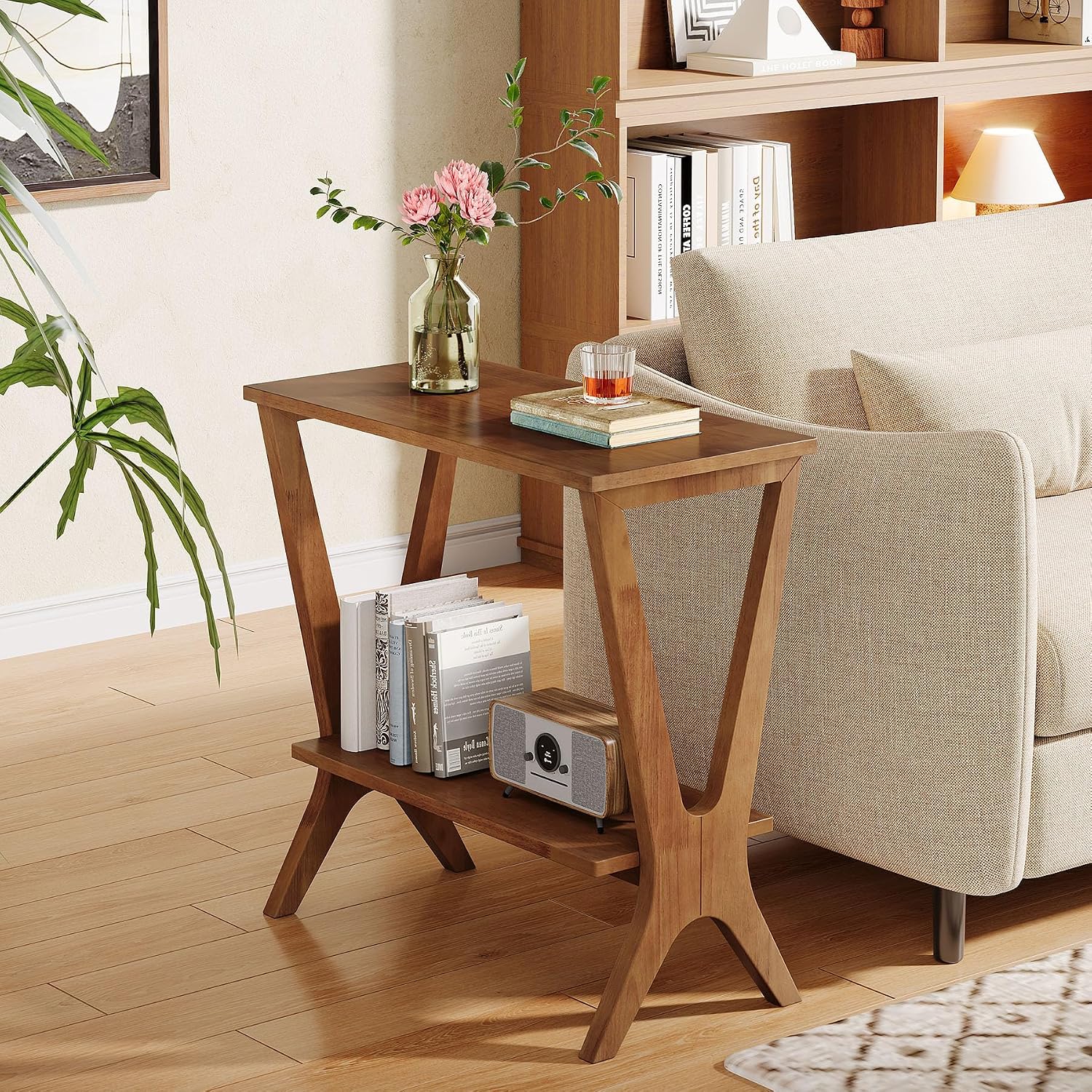 Solid Wood End Table for Living Room, 2-Tier Storage Shelves Sofa Couch Side Table with Sturdy Legs, Wooden Narrow Retro Nightstand for Small Spaces, Bedroom, Apartment