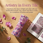 11.6" H Purple Red Mosaic Vase, Exquisite Handmade Craftsmanship Tall Glass Vase, Modern Hourglass Art Centerpiece with Dreamy Geometric Pattern for Home & Office Decor, Unique Gift