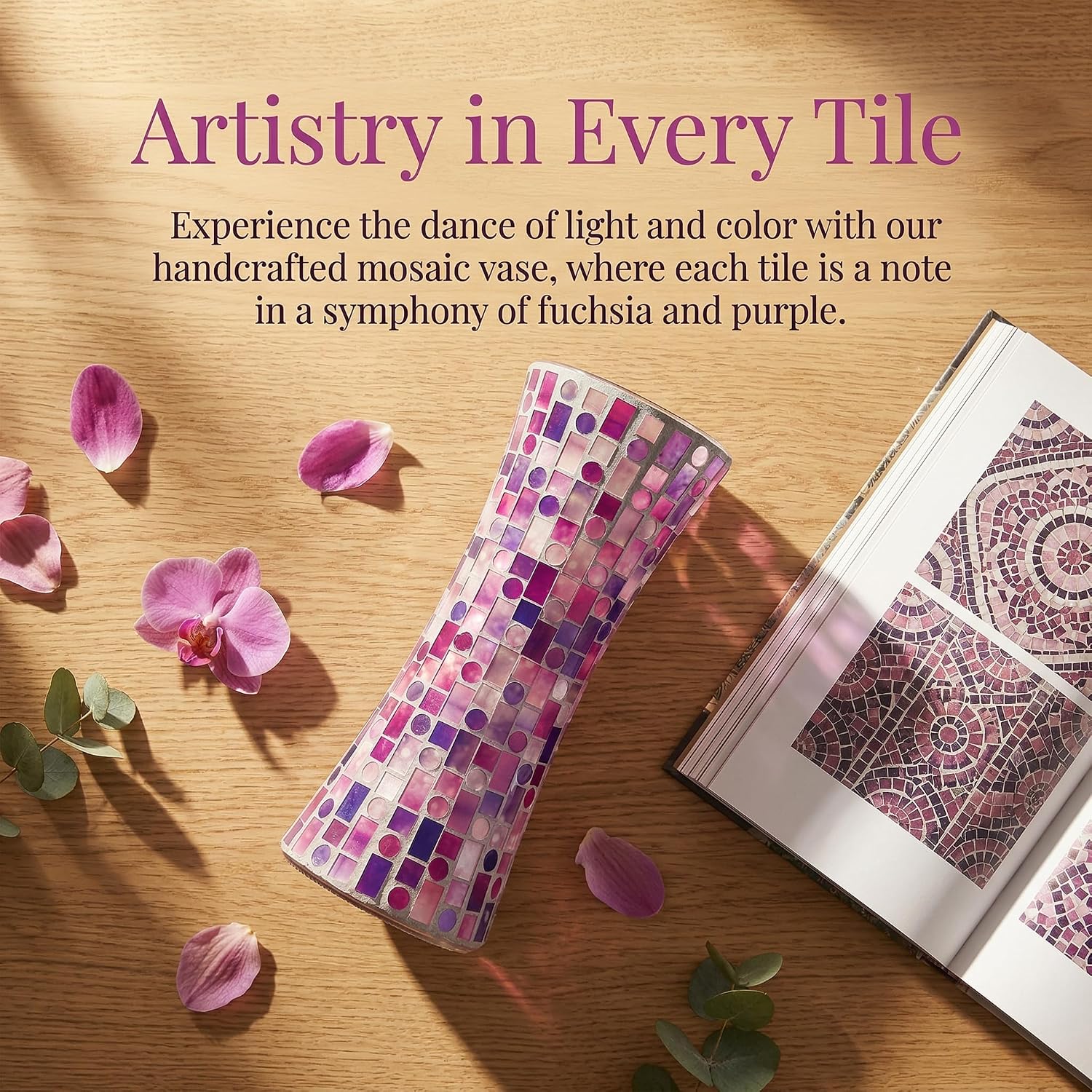 11.6" H Purple Red Mosaic Vase, Exquisite Handmade Craftsmanship Tall Glass Vase, Modern Hourglass Art Centerpiece with Dreamy Geometric Pattern for Home & Office Decor, Unique Gift