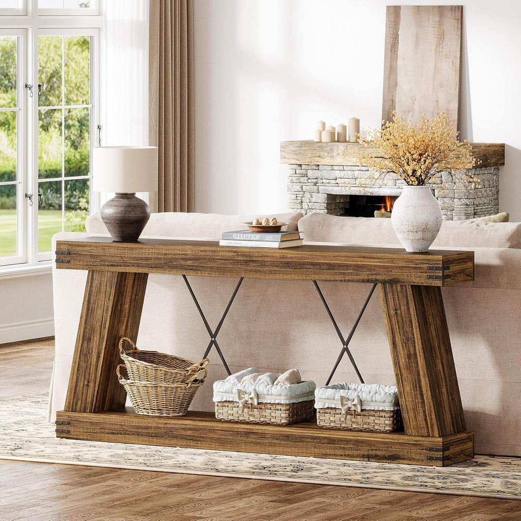 Tribesigns 70.9" Farmhouse Console Table, Long Sofa Table Behind Couch with Storage, Narrow Wooden Console Station, Industrial Rustic Entryway Furniture for Hallway, Entry, Living Room (1, Dark Brown)