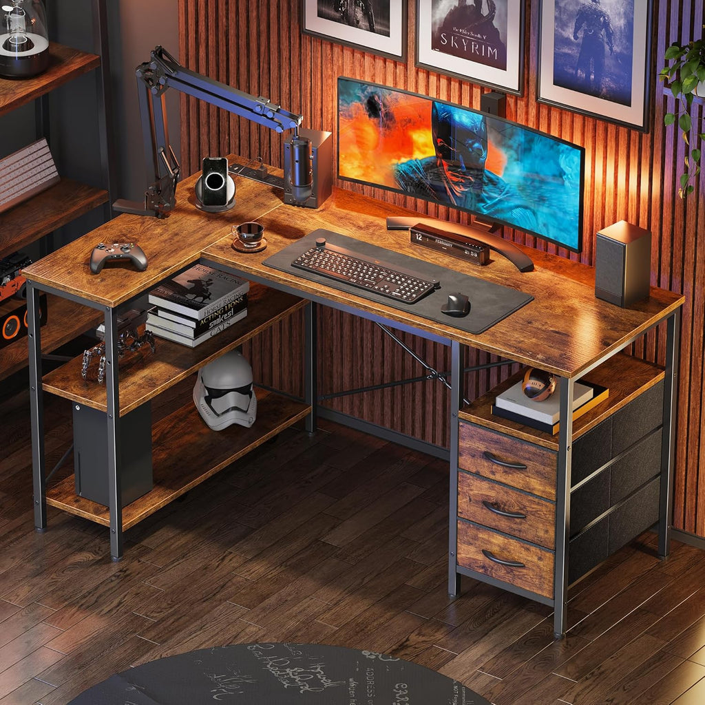 Huuger L Shaped Office Desk with Power Outlets, 47 Inch Computer Desk with 3 Drawers, Shelves, for Gaming, Corner Work, Home Office, Study, Rustic Brown