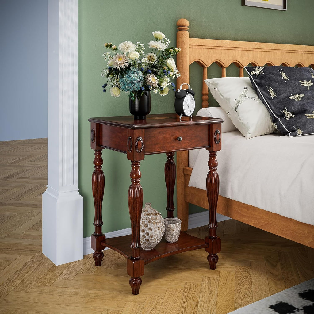 Narrow End Side Table with Drawer and Storage Shelf Set of 2, Sofa Beside Table,No-Tools Assembly Antique Wood Nightstand for Living Room,Small Space, 27.6”H x 19.7”L x 15.7”W Cherry Walnut GBJ1533WD
