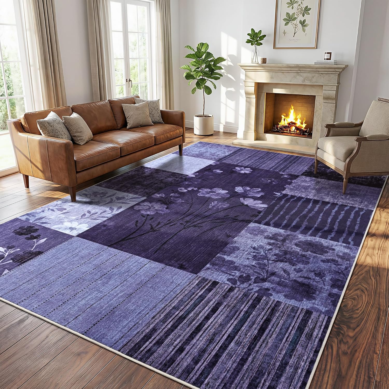Modern Area Rugs for Living Room, 4x6 Feet Geometric Patchwork Rug, Washable Non-Slip Indoor Low Pile Carpets for Bedroom Dining Room Office Playroom Home Dorm Decor, Dark Purple
