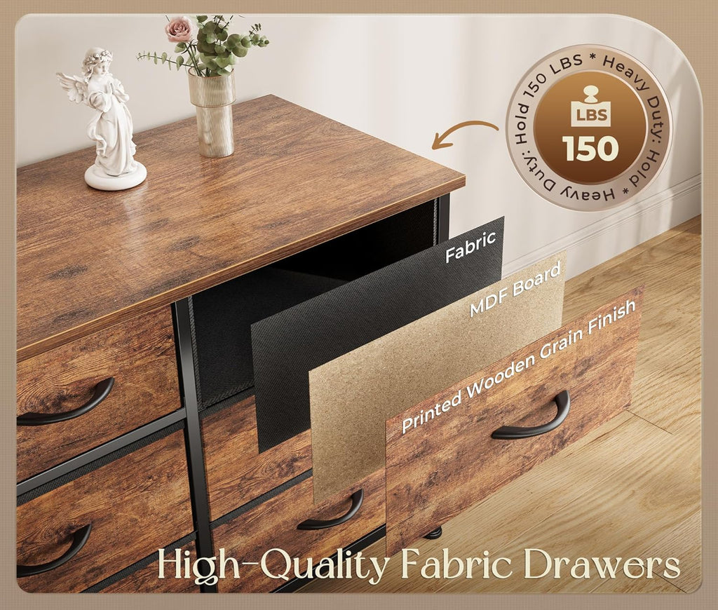 Huuger 77.6" Long Dresser for Bedroom, 16 Drawer Fabric Dresser for Closet, Wide Chest of Drawers with Storage, TV Stand for 65, 75, 85 Inch TV, 77.6" W x 13" D x 26.4" H, Rustic Brown