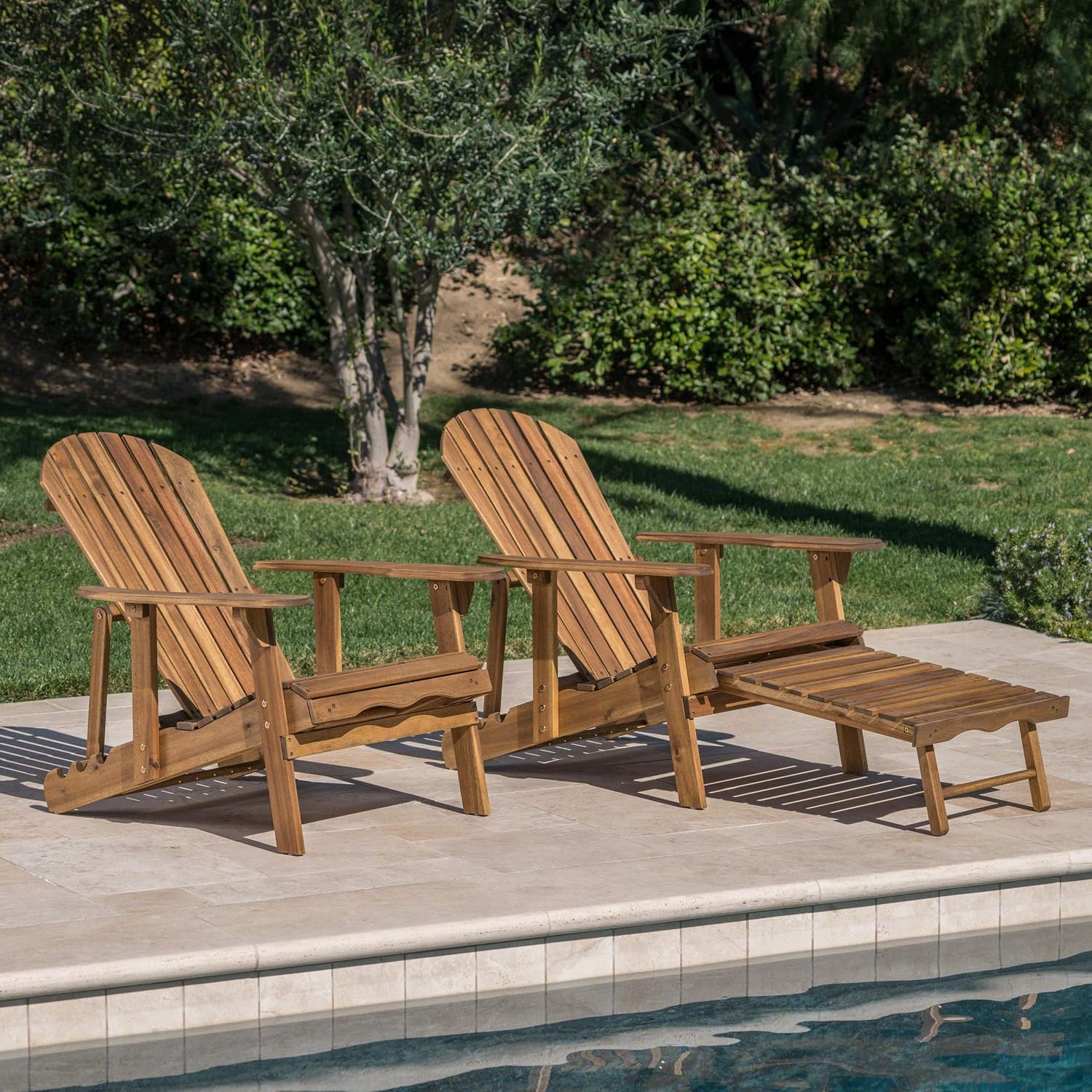 GDFStudio Noble House Hayle Reclining Wood Adirondack Chair w/Footrest (Set of 2) Natural
