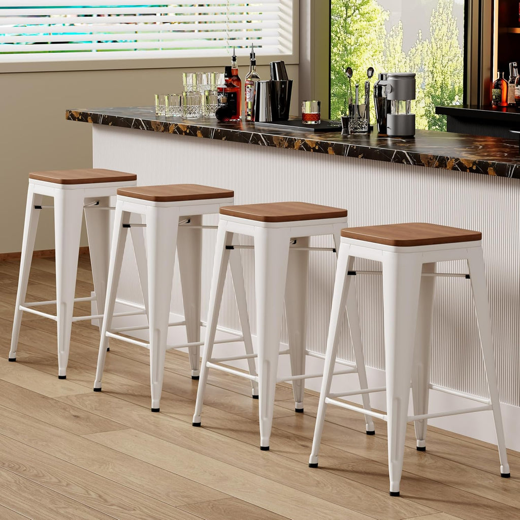 Andeworld Bar Stools Set of 2 Stackable Metal Bar Stools Industrial Counter Height Stools Backless Barstools with Wooden Seats (26 inch, White with Wooden Seats)