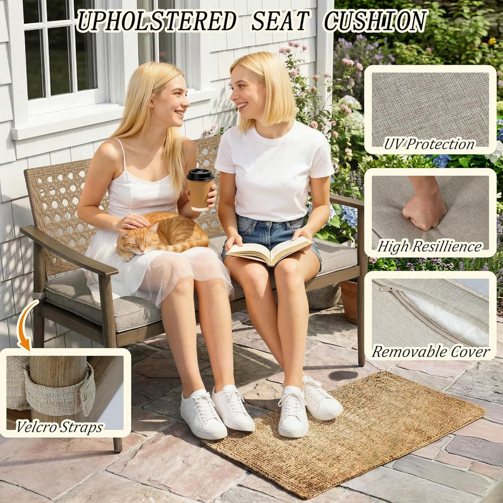 NOBLEMOOD Outdoor Patio Bench with Cushion, 2-Person Garden Loveseat Bench with Wicker Backrest, Aluminum Frame for Outside, Garden, Lawn, Front Porch, Backyard