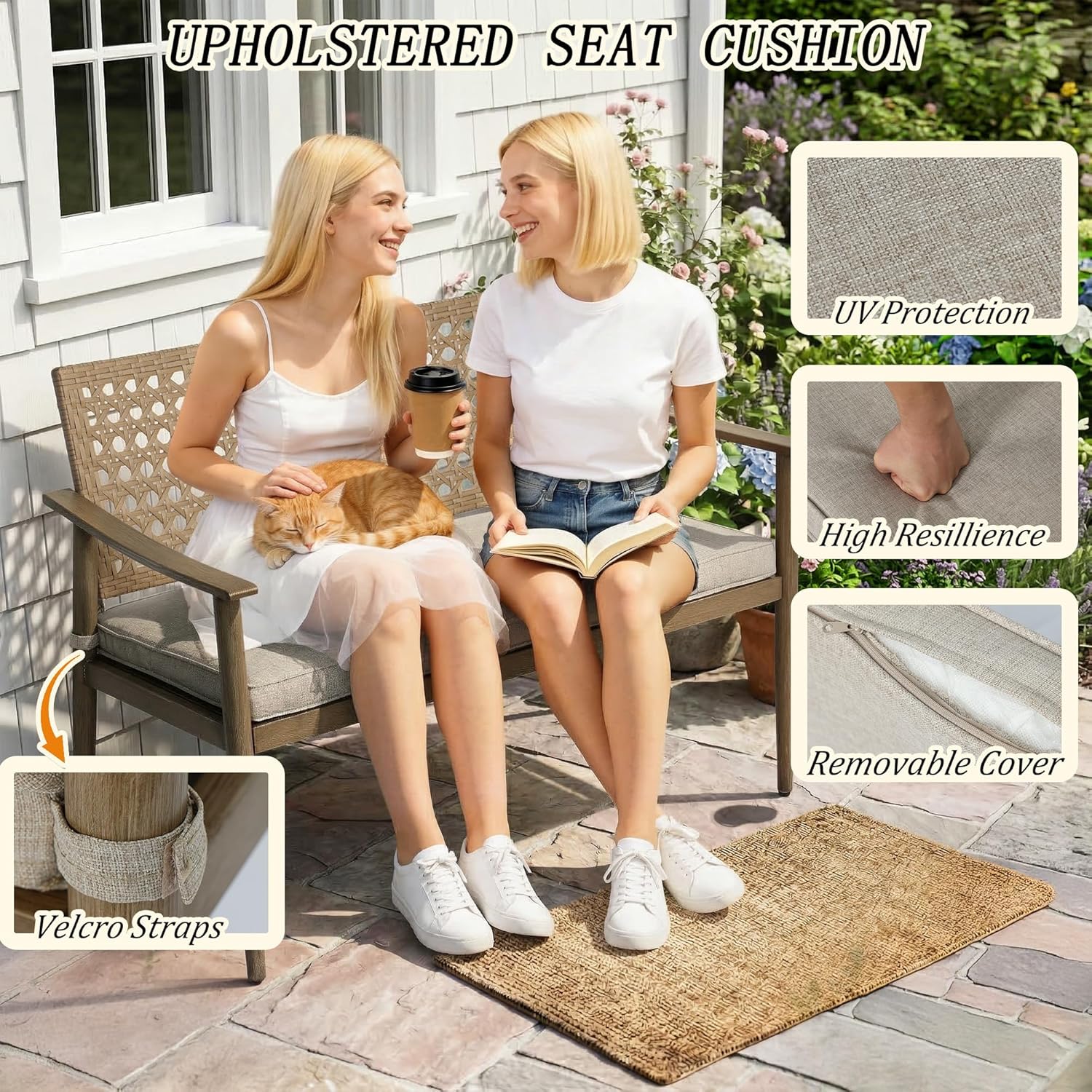 NOBLEMOOD Outdoor Patio Bench with Cushion, 2-Person Garden Loveseat Bench with Wicker Backrest, Aluminum Frame for Outside, Garden, Lawn, Front Porch, Backyard