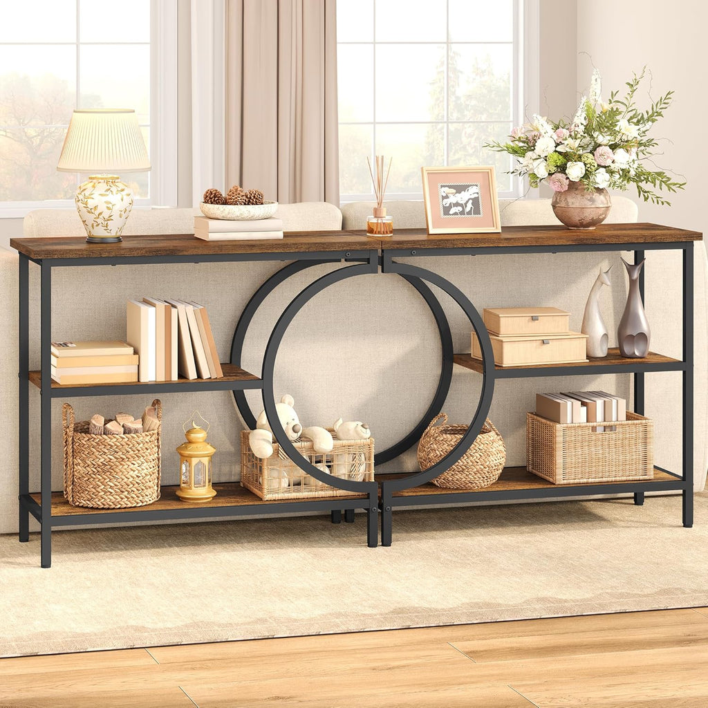 Hoctieon Console Table, 3-Tier Industrial Entryway Table with Storage, Hallway Tables, Narrow Entrance Sofa Tables, C-Shaped Metal Frame, Accent Tables with Shelves for Living Room, Rustic Brown