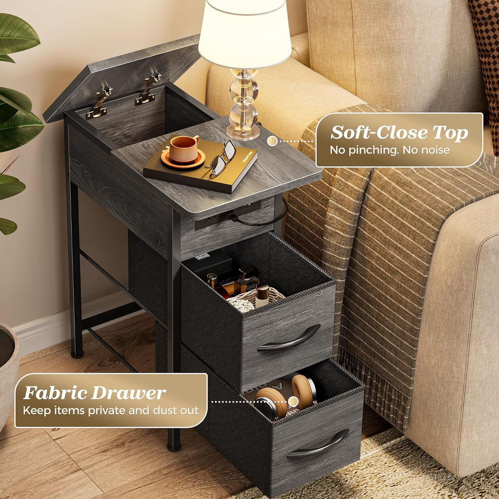 Huuger Narrow End Table with Charging Station, Flip Top Side Table with 2 Fabric Drawers, Slim Night Stand with USB-C Port for Small Spaces, Nightstand Bedside Couch Table, Living Room, Grey