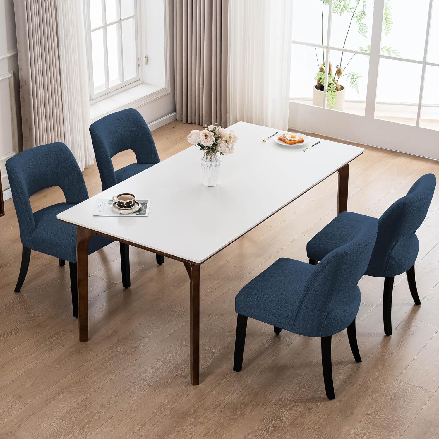 VKNOW Wooden Dining Chairs Set of 4, Modern Fabric Upholstered Dining Room Chair Kitchen Chairs, Farmhouse Dinner Chair for Kitchen Dining Room, Blue-Black Legs