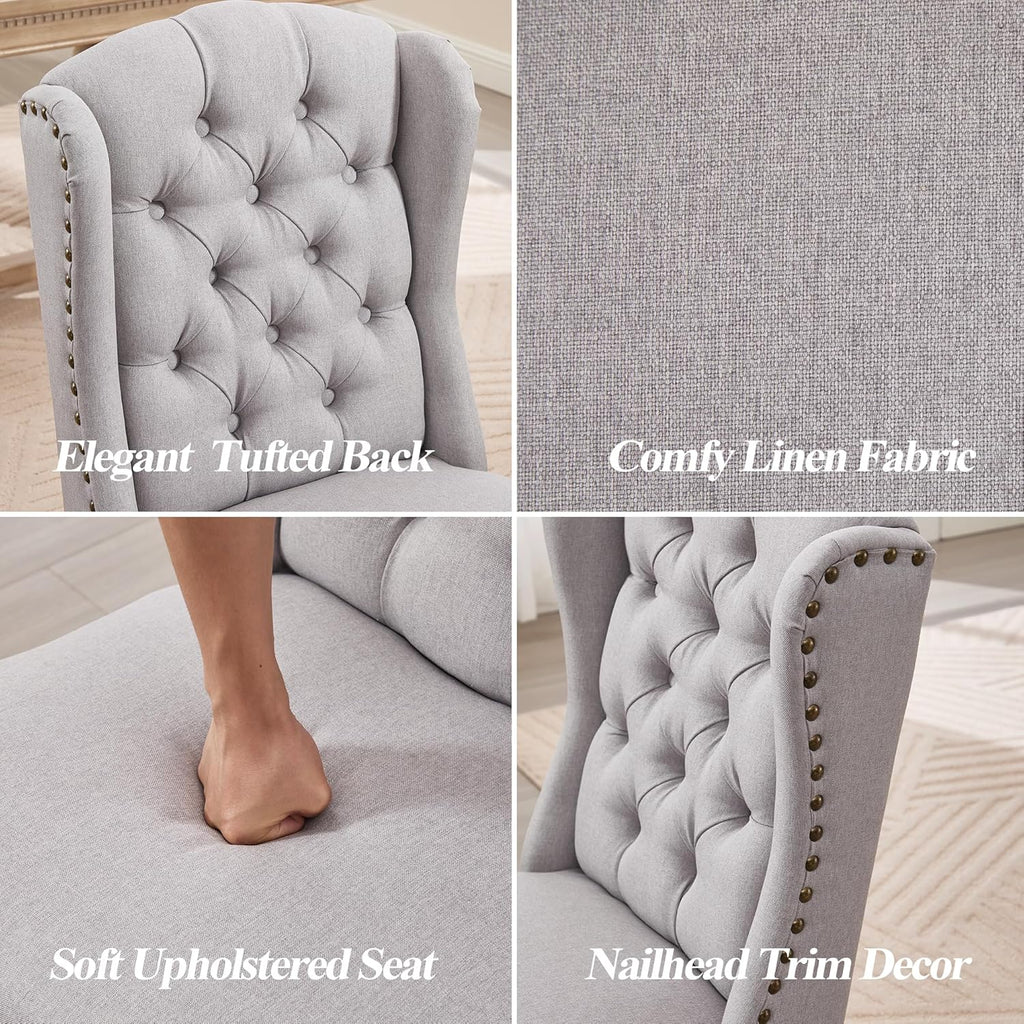 Dining Chairs Set of 2 with Solid Wood Legs, Linen Farmhouse Accent Chairs Side Host Kitchen Chair with Tufted Back for Dining Room/Living Room/Bedroom, Light Grey