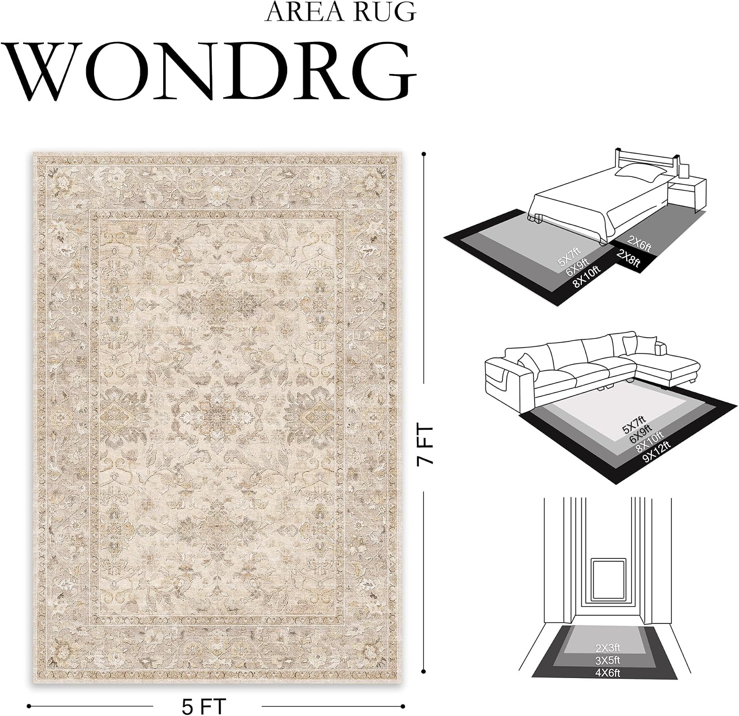 2x8 Beige Washable Runner Rug for Hallway Kitchen Soft Low Pile Lightweight Runner Rug Non Slip Vintage Accent Carpet Bathroom Front Door Beside Bed Home Decor