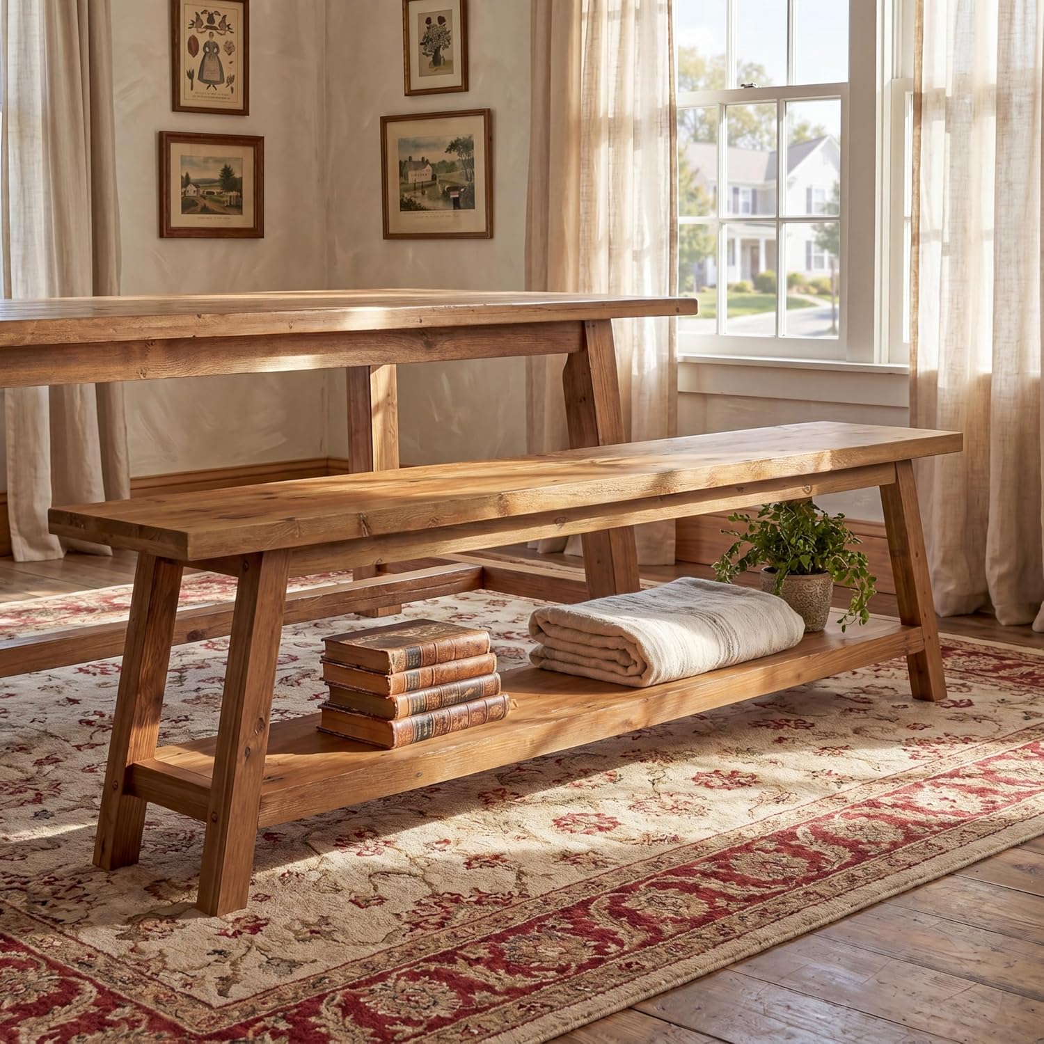 Tribesigns Farmhouse Solid Wood Dining Bench, 63-Inch Rustic Indoor Bench with Lower Storage Shelf for Dining Room, Kitchen, Living Room, Entryway, Natural Wood Finish (1)