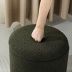 Joveco Boucle Round Ottoman with Storage,Vanity Stool with Storage for Bedroom, Ottoman Coffee Table,Small Boucle Foot Stool for Living Room, Dark Moss Green with Gold Plating