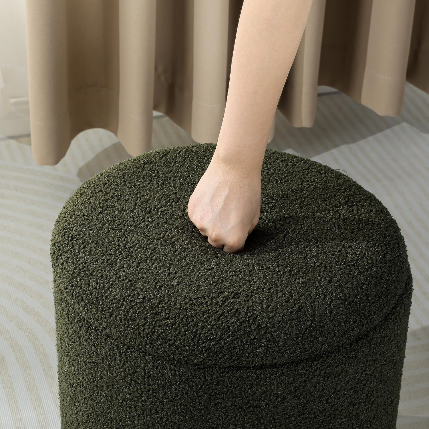 Joveco Boucle Round Ottoman with Storage,Vanity Stool with Storage for Bedroom, Ottoman Coffee Table,Small Boucle Foot Stool for Living Room, Dark Moss Green with Gold Plating