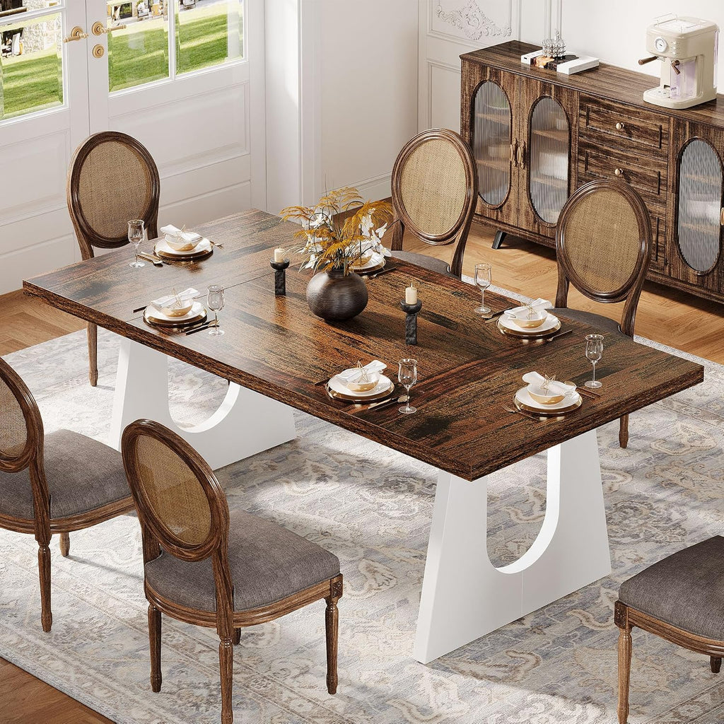 Tribesigns Large Dining Table for 6-8 People, 70.9" Wood Rustic Rectangular Table with White Wooden Legs, Farmhouse Center Kitchen Table for Dining Room, Living Room, Home Furniture (Brown & White)