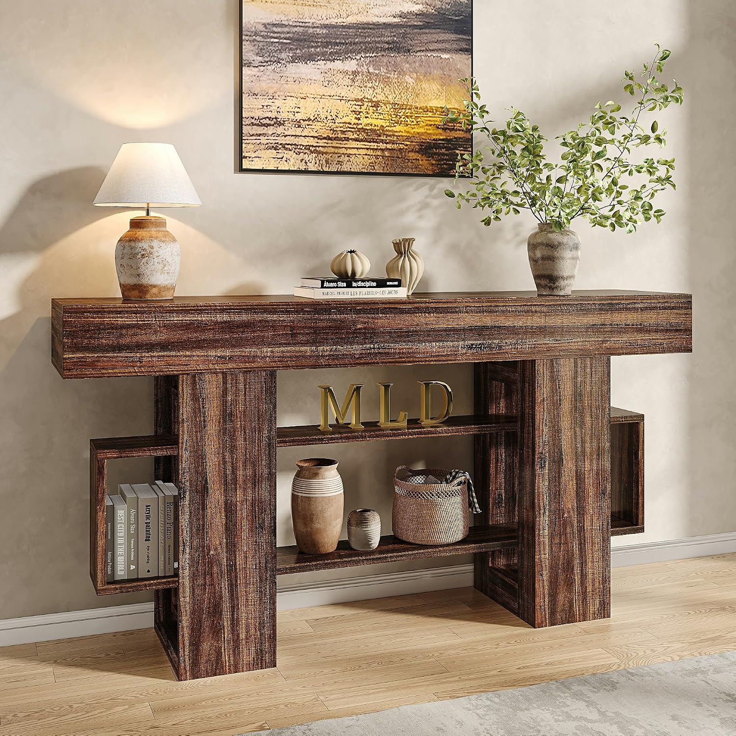 Feonase 63 Inches Long Console Table for Entryway, Wood Sofa Table Behind Couch with 3-Tier Storage, Narrow Entry Hallway Table for Living Room Entrance Foyer, Rustic Brown