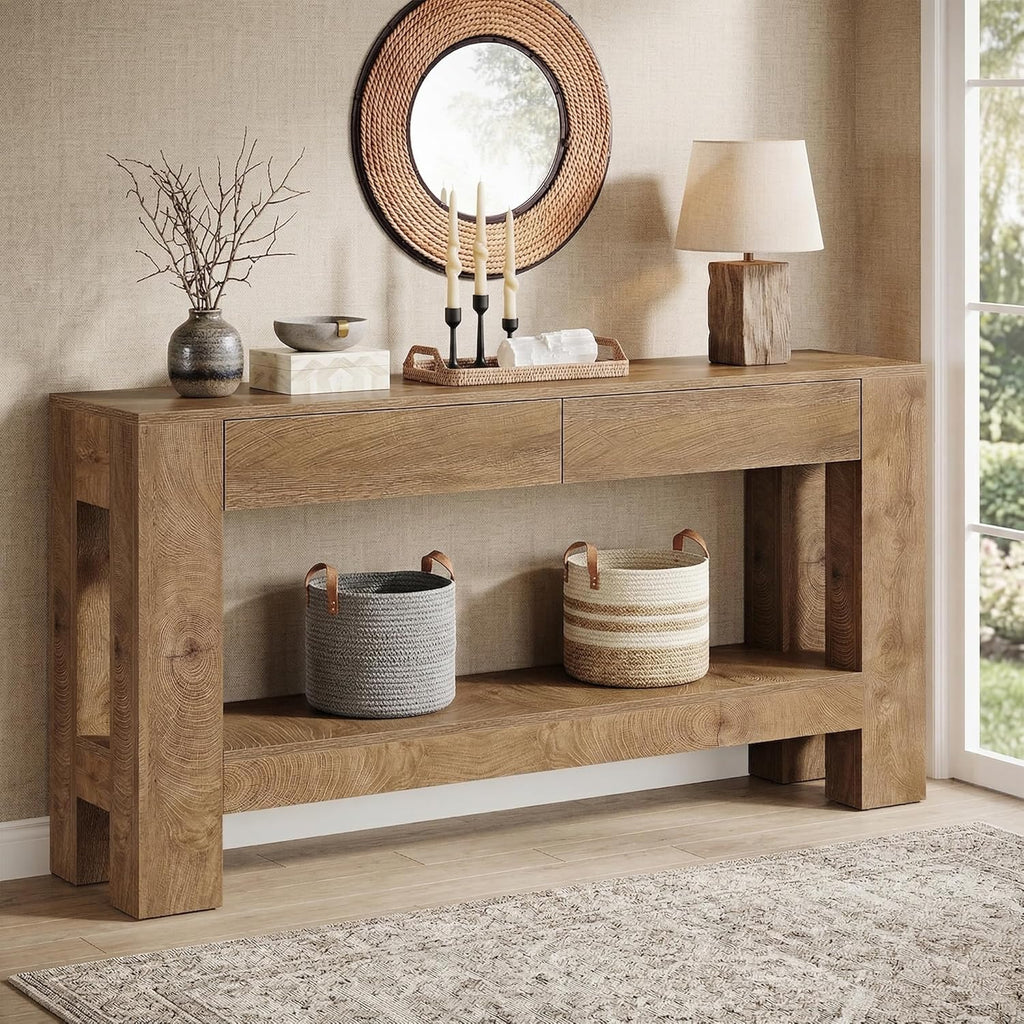 Tribesigns 63 Inch Entryway Table with 2 Drawers, Farmhouse Console Table with Storage Shelf, Long Sofa Table Behind Couch for Living Room, Hallway, Foyer, Brown