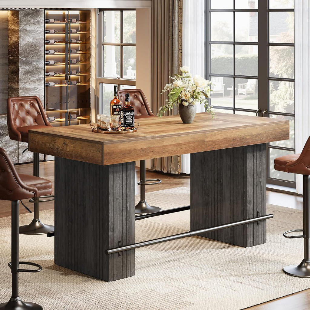 Tribesigns 62.2 Inch Bar Table, Industrial Counter Height Pub Dining Table, Rectangular Home Bar Units with Metal Footrest for Home Kitchen, Dining Room, Bistro, Brown and Dark Grey