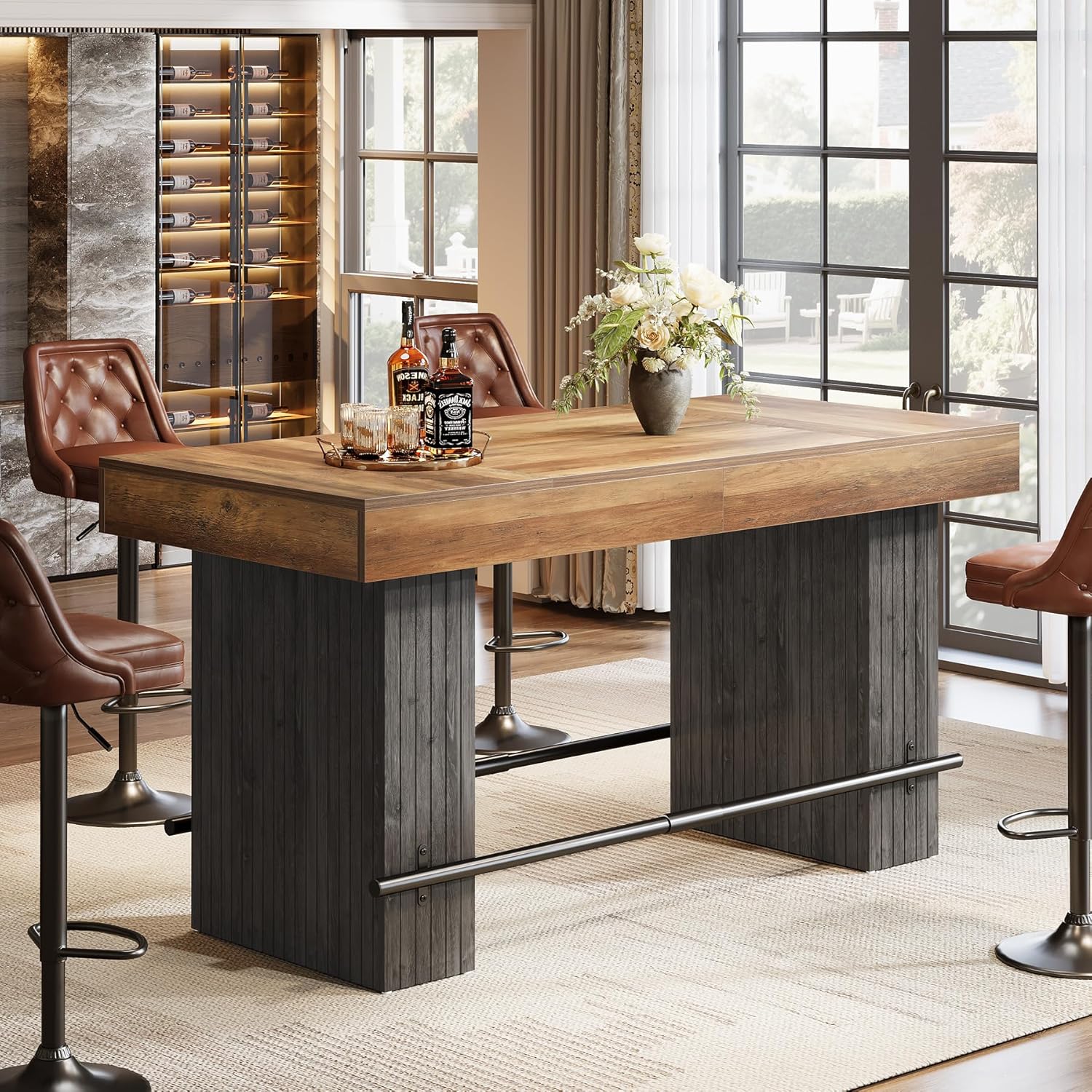 Tribesigns 62.2 Inch Bar Table, Industrial Counter Height Pub Dining Table, Rectangular Home Bar Units with Metal Footrest for Home Kitchen, Dining Room, Bistro, Brown and Dark Grey