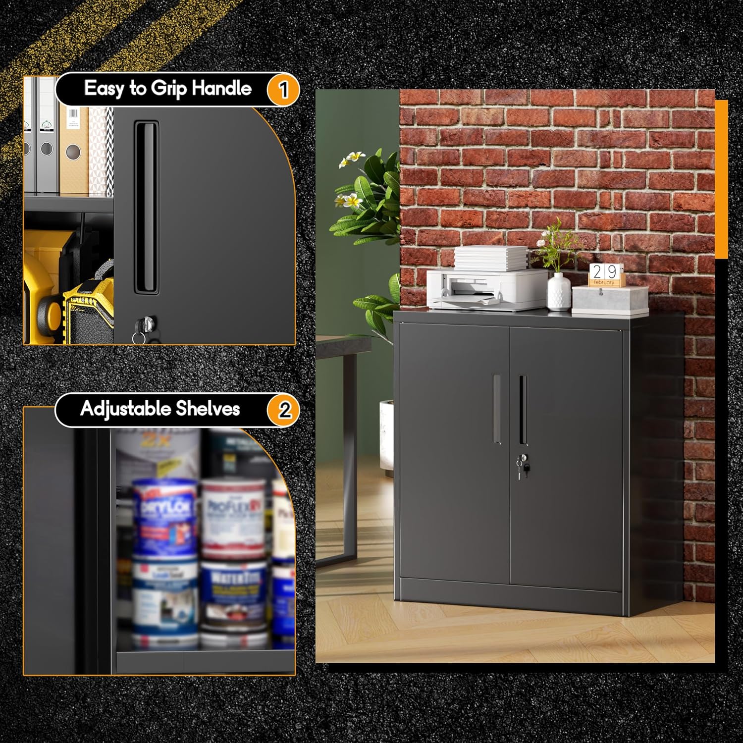 Greenvelly Metal Cabinet, 36" Locking Storage File Cabinet with Doors and Shelves for Office,Home,Gym,School,Kitchen(Black)