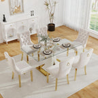 Modern Luxury Glass Dining Set for 6, 63'' Large Minimalist Rectangle Dinner Set for 6, 7 Pieces Clear Glass Top Kitchen Table Set with White & Gold Base, Beige Tufted Chairs, for Apartment
