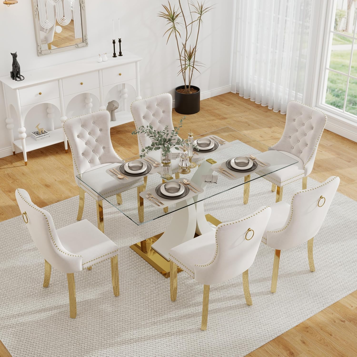 Modern Luxury Glass Dining Set for 6, 63'' Large Minimalist Rectangle Dinner Set for 6, 7 Pieces Clear Glass Top Kitchen Table Set with White & Gold Base, Beige Tufted Chairs, for Apartment