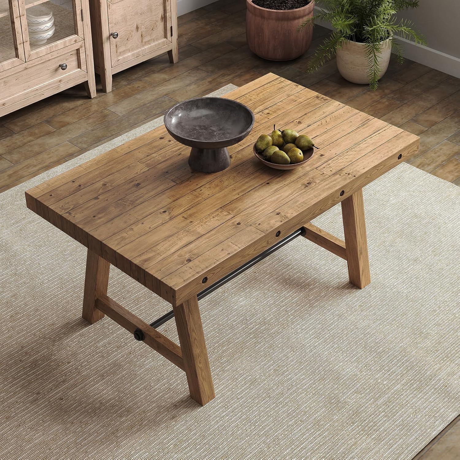 Rustic Dining Table for 4-6 People, 59" Farmhouse Rectangular Kitchen Table, Reclaimed Solid Wood Dining Room Table with Trestle Base for Kitchen/Dining Room, Home Office, Rustic Brown