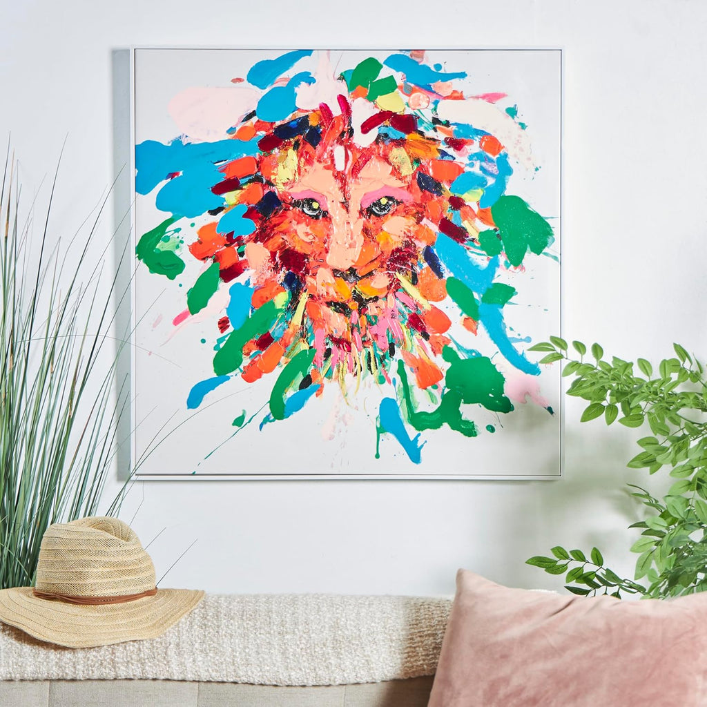 Deco 79 CosmoLiving by Cosmopolitan Canvas Lion Abstract Paint Splatter Wall Art with White Frame, 32" x 2" x 32", Multi Colored