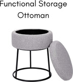 BIRDROCK HOME Grey Linen Storage Stool Ottoman w/Black Metal Leg Base, Soft Compact Padded Seat Footrest, Small Footstool for Living Room Seating, Office, Dorm, Vanity Chair, Bedroom, Couch, Desk