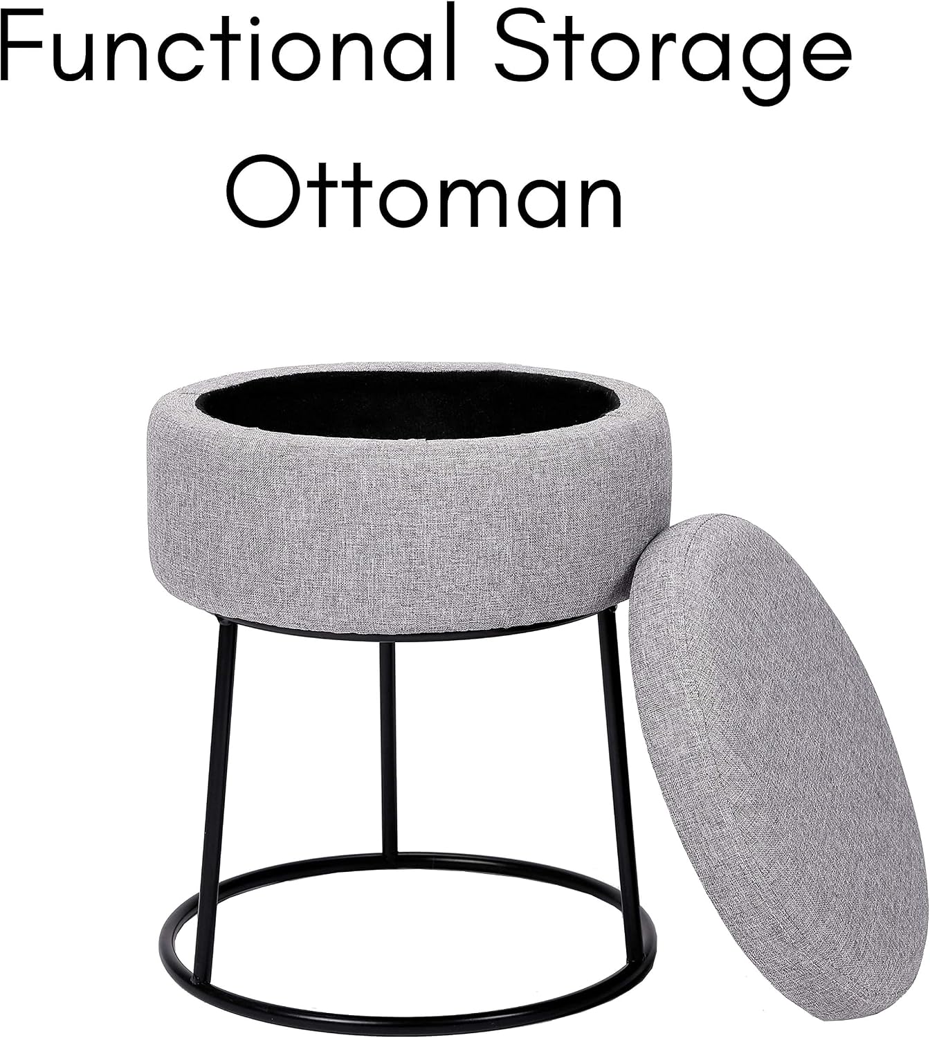 BIRDROCK HOME Grey Linen Storage Stool Ottoman w/Black Metal Leg Base, Soft Compact Padded Seat Footrest, Small Footstool for Living Room Seating, Office, Dorm, Vanity Chair, Bedroom, Couch, Desk