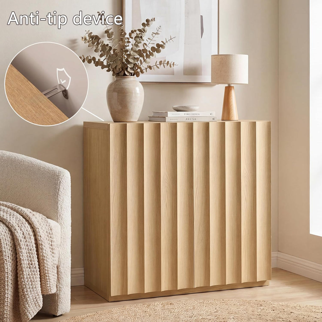 VividVibe Wide Fluted Sideboard Buffet Cabinet with Storage, 94.11" Long Credenza with 6 Integrated Finger Pulls Doors, Modular Large Buffet Table Modern Organic for Entryway Living Room Light Oak