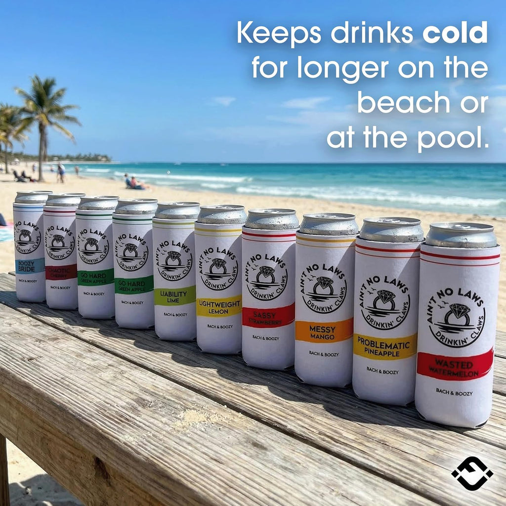Funky Junque Bachelorette Party Favors Slim Can Cooler, Funny Bridesmaid & Bride Gifts for Girls Trip, Bridal Shower Decorations & Accessories, 12 oz Skinny Can Covers - Ain't No Laws - 10 Pack