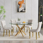Henf 5 Piece Round Glass Dining Table Set for 4, Modern 47" Round Dining Table & Chair Set Circle Glass Kitchen Table and 4 Velvet Tufted Chairs for Kitchen Dining (Gold Table & Beige Chair)