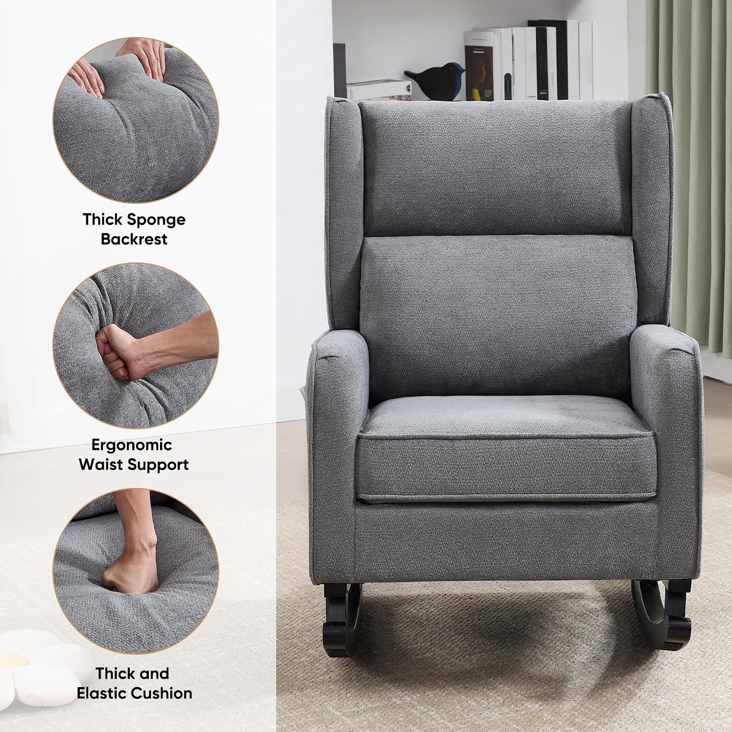 HCHAIRH Nursery Rocking Chairs, Modern Wingback Accent Chairs for Mom Nursery Rocker with High Backrest and Solid Wood Legs, Sherpa Rocking Chair Nursery for Reading Living Room Bedroom, Dark Grey