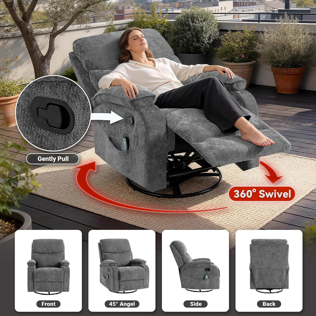 360° Swivel Rocking Recliner Chair, Massage Lazy Recliner, Small Spaces Recliner for Living Room, Bedroom and Nursery, Dark Gray Chenille